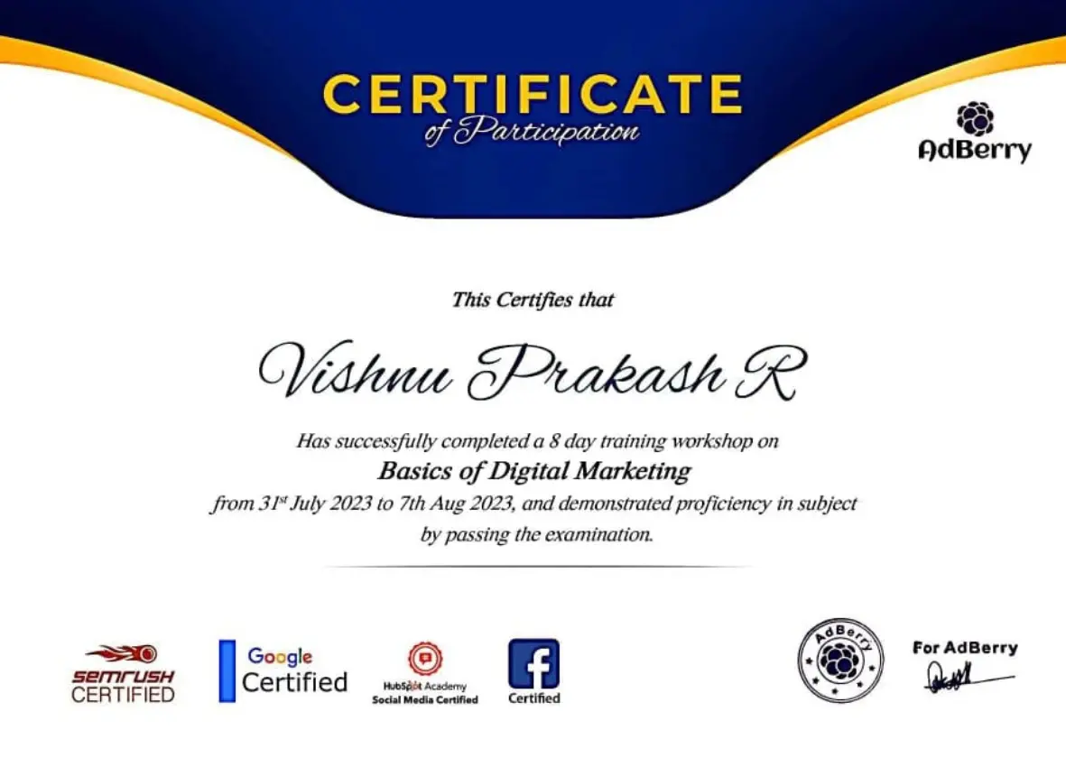 digital marketing certificate of best digital marketer in palakkad, kerala