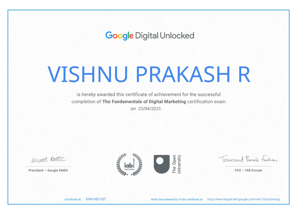google certificate of best digital marketer in palakkad, kerala