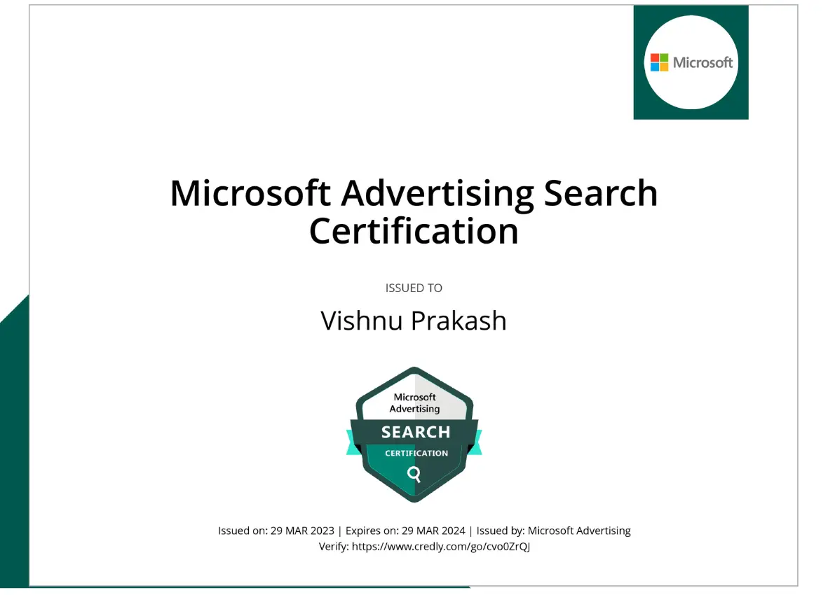 microsoft certificate of best digital marketer in palakkad, kerala